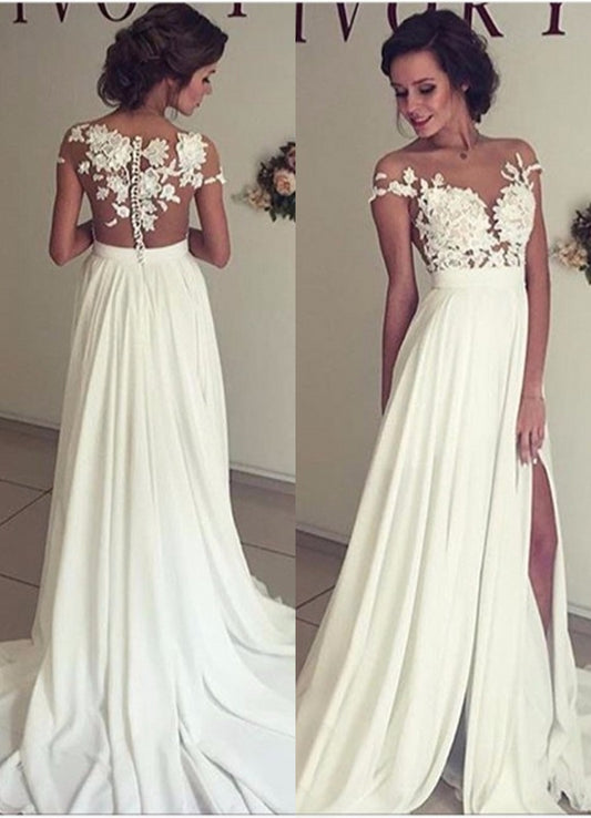 Elegant A-Line Wedding Dress with Chiffon Lace Ruffles and Side Slit Appliques