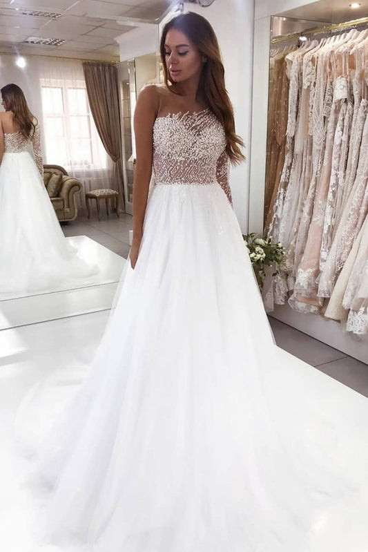 Elegant Floor-length A-Line Wedding Gown with Pearl Lace and Bateau Long Sleeves
