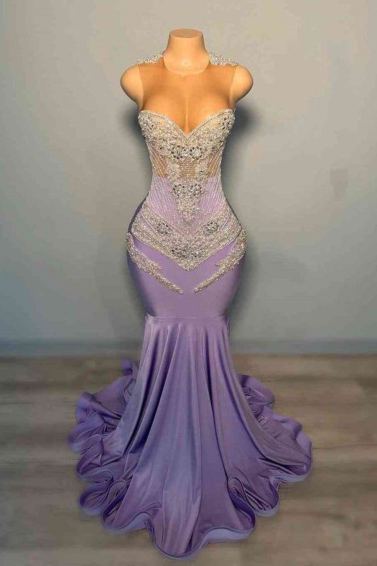 Modern Lilac Sleeveless Mermaid Prom Dress Scoop Long With Beadings