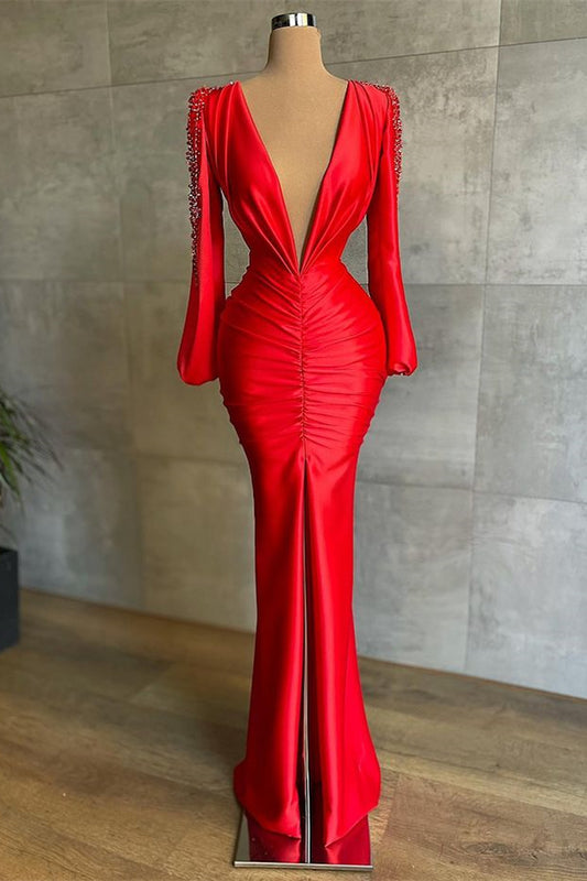 Classic Deep V-Neck Red Mermaid Prom Dress Long Sleeves With Beadings