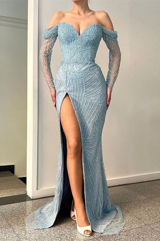 New Arrival Long Sleeves Mermaid Prom Dress Beadings Off-the-Shoulder With Slit