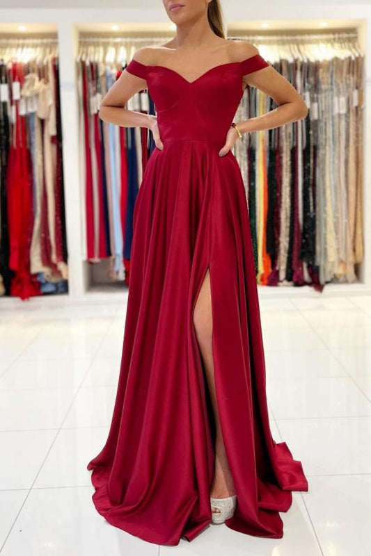 Off-the-Shoulder Burgundy Long Prom Dress With Slit