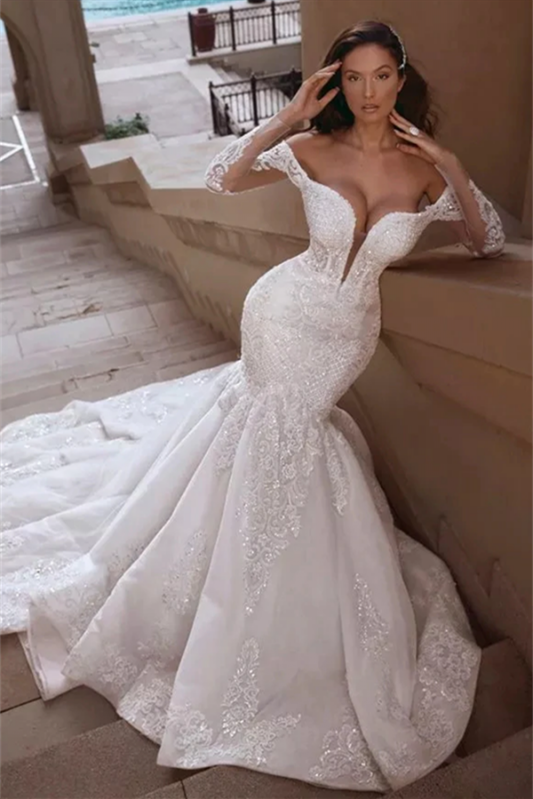 Off-the-Shoulder Mermaid Wedding Dress with Long Sleeves and Lace Appliques