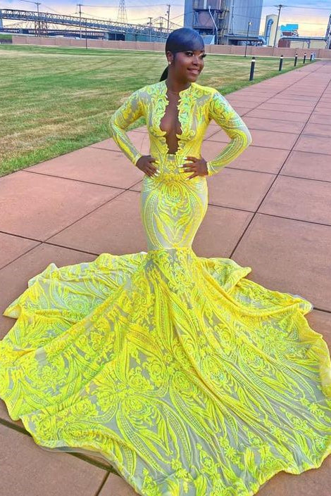 Modern Yellow Deep V-Neck Long Sleeves Mermaid Prom Dress Sequins