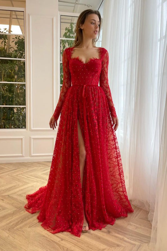 Elegant Long Sleeves Red Lace Prom Dress Split With Lace Beads