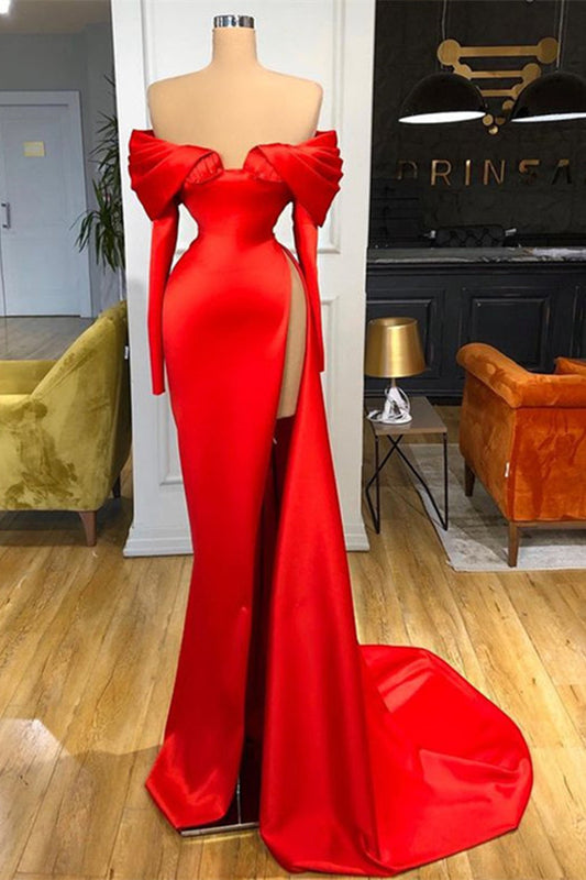 Modern Red Long Sleeves Mermaid Prom Dress Slit Off-the-Shoulder