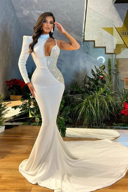 Classic White Long Sleeves One Shoulder Prom Dress Mermaid With Beads