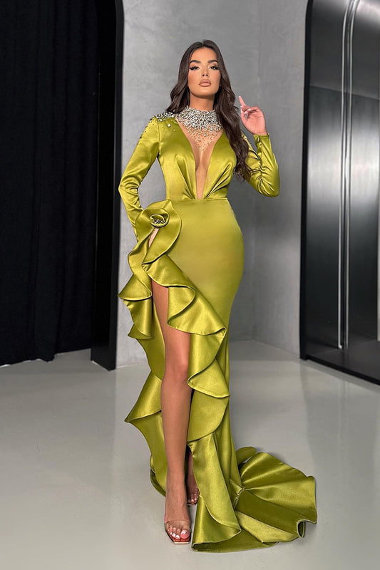 Chic Sage Long Sleeves Mermaid Prom Dress Beadings With Split