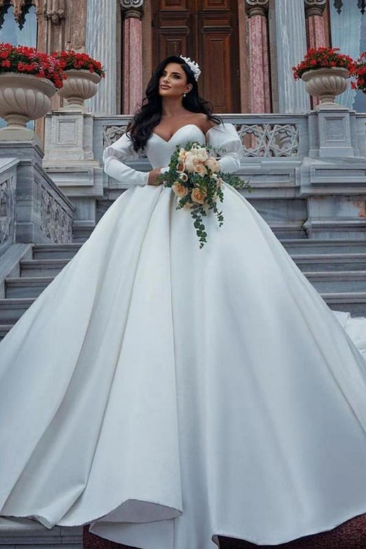 Elegant Sleeved Princess Wedding Gown in Satin