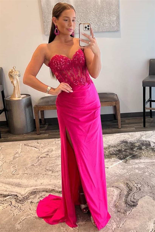 Fuchsia Sweetheart Prom Dress Mermaid Split Long With Lace Appliques