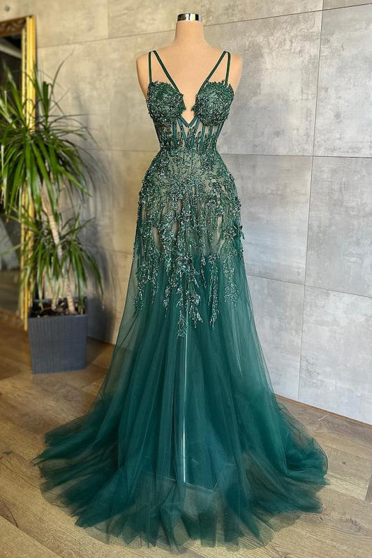 Chic Sleeveless V-Neck Dark Green Prom Dress Tulle Long With Applqiues Beads