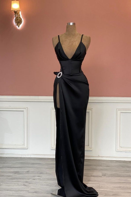 Modern Black Sleeveless V-Neck Mermaid Prom Dress With Split