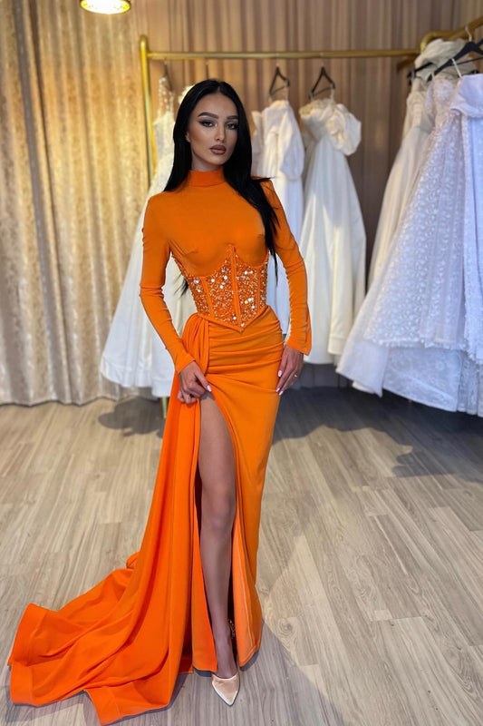 Gorgeous Orange High Neck Long Sleeves Mermaid Prom Dress Sequins With Split