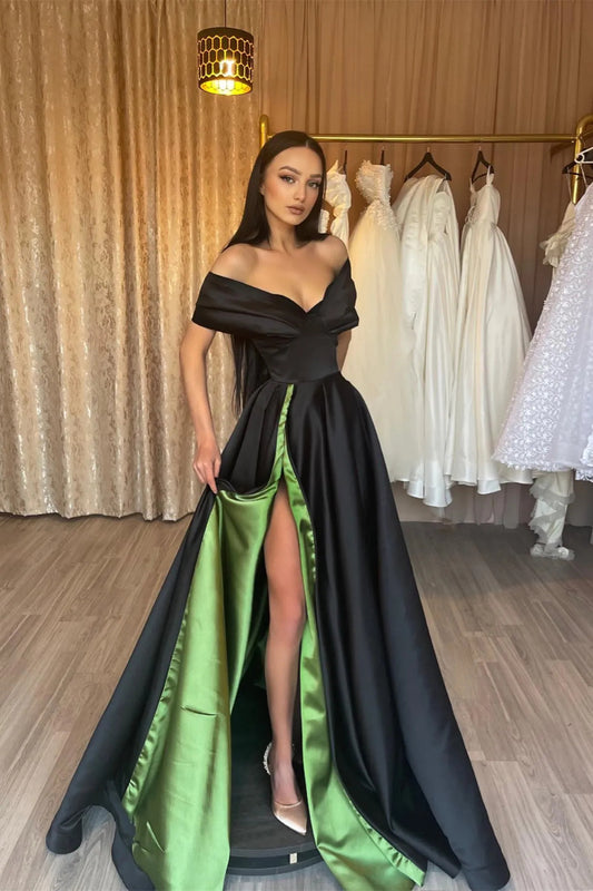Gorgeous Black Prom Dress Split Long Off-the-Shoulder