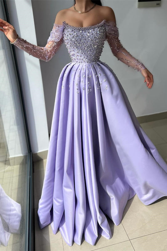Beautiful Lilac Off-the-Shoulder Long Sleeves Prom Dresses Long With Beads Pearls