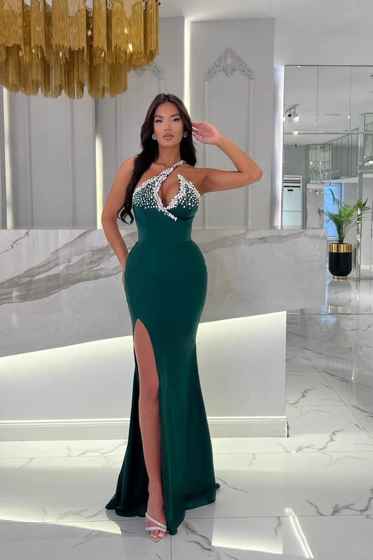 Fabulous Dark Green Sleeveless Halter Mermaid Prom Gown With Split Beadings