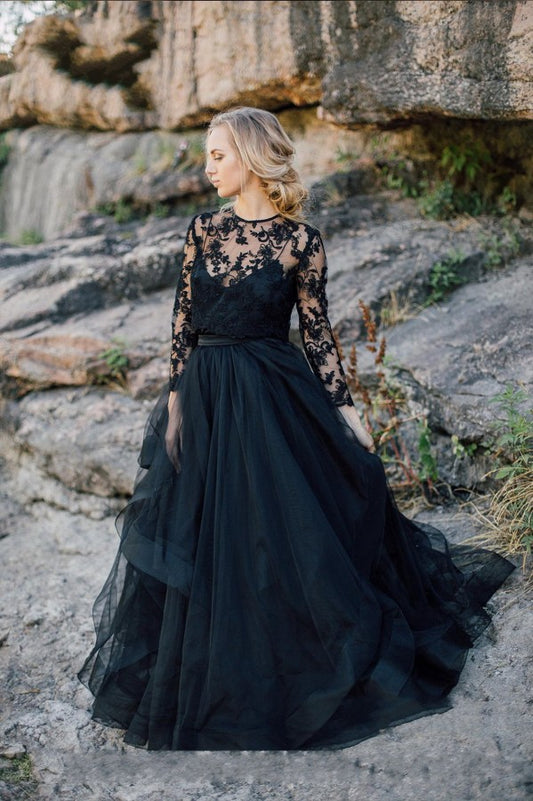 Elegant Black A-Line Wedding Dress with Bateau Neckline, Long Sleeves, and Lace Appliques