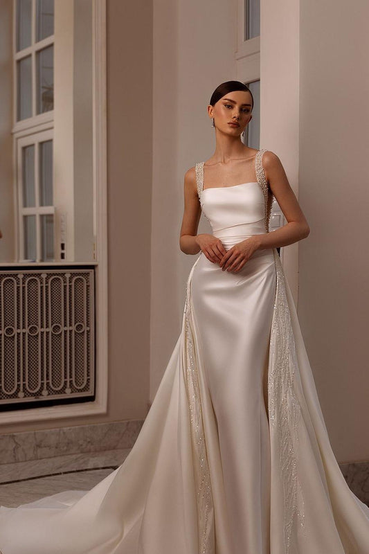 Elegant White Satin Long Wedding Dress with Beadings and Spaghetti Straps