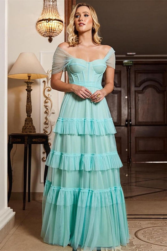 Gorgeous Cap Sleeves Sweetheart Long Prom Dresses Layered Tulle Party Gowns