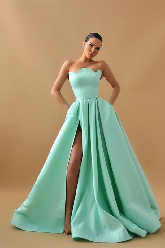Amazing Strapless Mint Green Prom Dress Split Long With Pocket