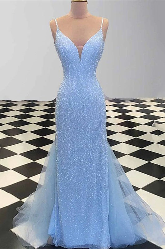 Gorgeous Spaghetti-Straps Sky Blue Mermaid Prom Dress Sequins Long Tulle