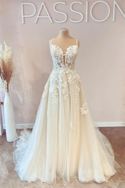 A-Line Lace Wedding Gown with Spaghetti Straps and Tulle