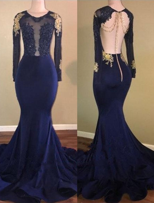 Gorgeous Navy Blue Long Sleeves Mermaid Prom Dress With Lace Appliques