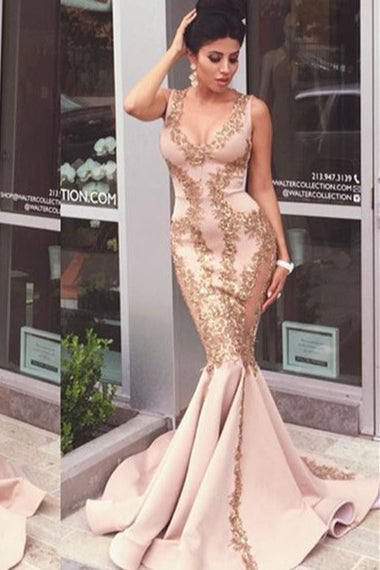 Elegant V-Neck Sleeveless Mermaid Prom Dress With Gold Appliques