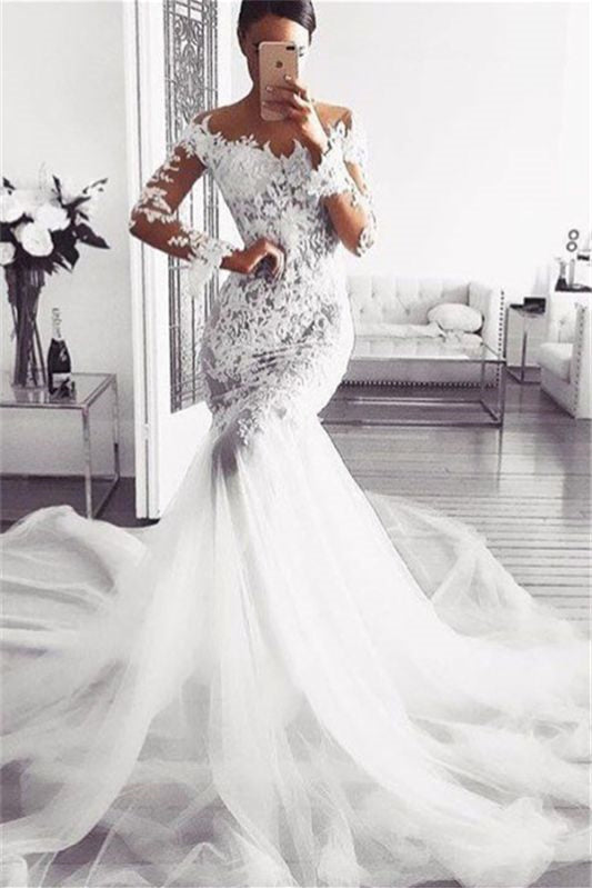 Modern Mermaid Wedding Dress with Long Sleeves and Lace Appliques ¨C Ballbellas Sale