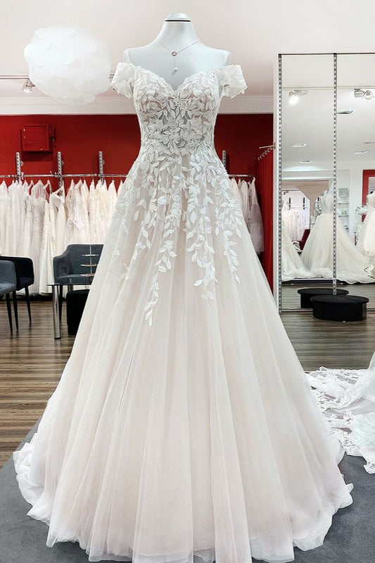 Elegant Off-the-shoulder A-line Wedding Dress Featuring Ruffles and Tulle Lace