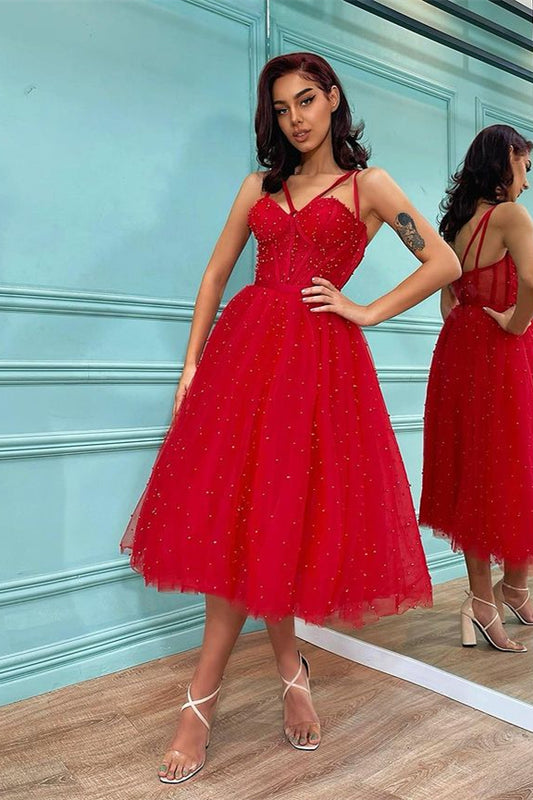 Amazing Red Spaghetti-Straps Pearls Tulle Prom Dress On Sale
