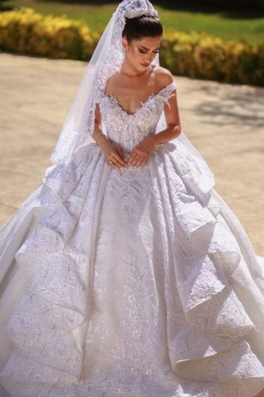 Elegant Off-the-Shoulder Lace Ball Gown Wedding Dress