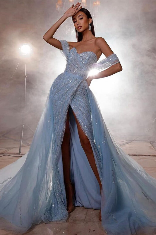 Charming Sky Blue Off-the-Shoulder Prom Dress Mermaid Split Tulle With Beadings