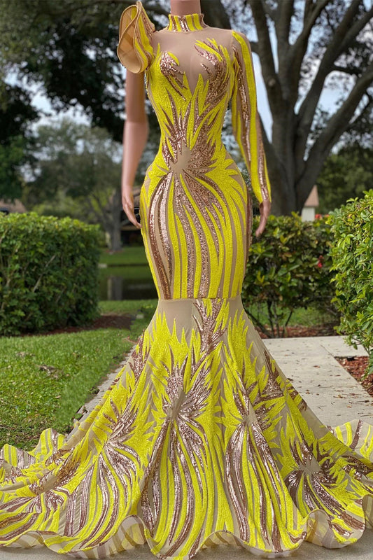 Modern Yellow High Neck Mermaid Prom Dress Sequins One Shoulder Sleeve