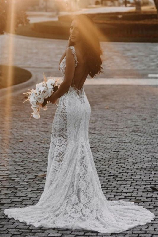 Mermaid Wedding Dress with Sheer Straps, Chapel Train, and Lace Beadings
