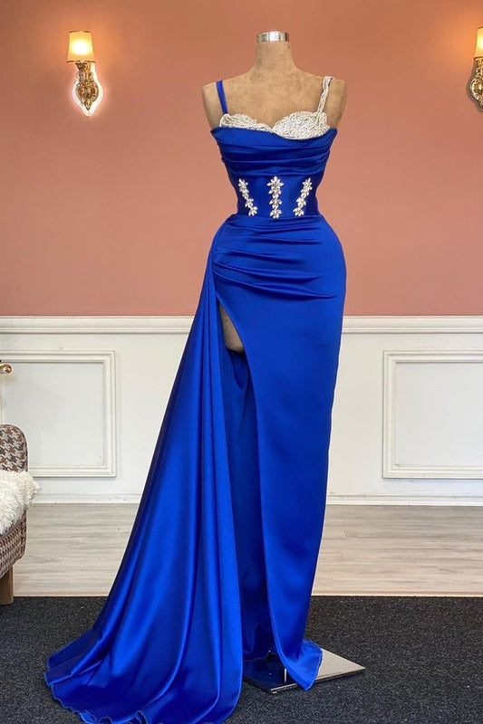 Modern Royal Blue Sweetheart Mermaid Prom Dress Beadings With Ruffles