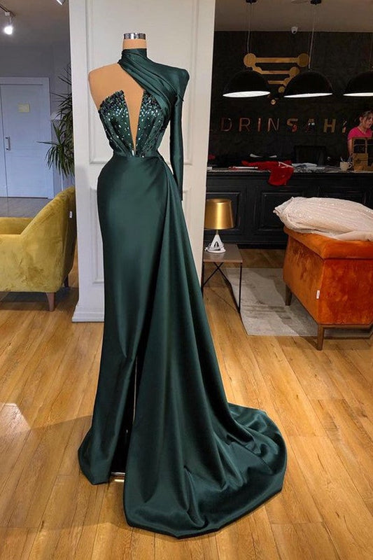 Chic High Neck Long Sleeves Mermaid Prom Dress With Crystal