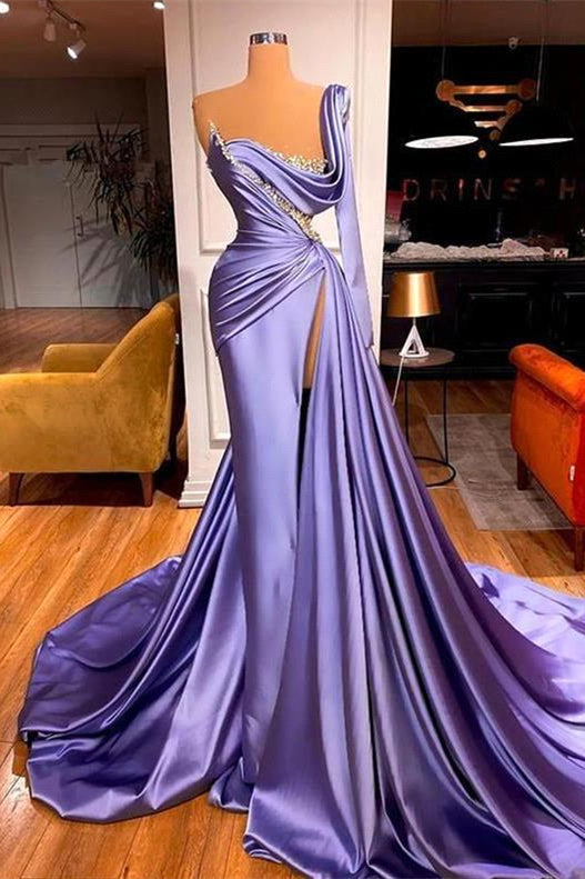 Classic Long Sleeves One Shoulder Mermaid Prom Dress Slit Beadings