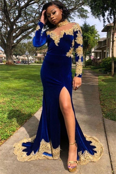 Modern Royal Blue Long Sleeves Prom Dress Mermaid Slit With Gold Appliques