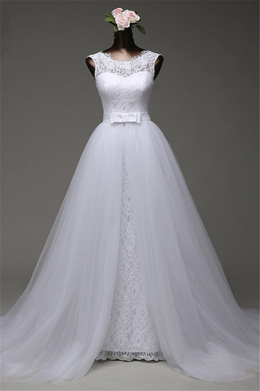 Elegant Jewel-Embellished Sleeveless Lace Wedding Gown Featuring a Tulle Overskirt