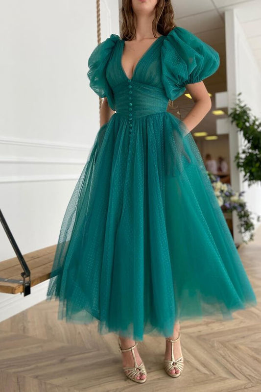 Gorgeous Emerald Bubble Sleeves Tulle Prom Dress With Buttons V-Neck
