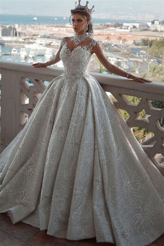 Elegant Cap Sleeves Beaded Wedding Ball Gown