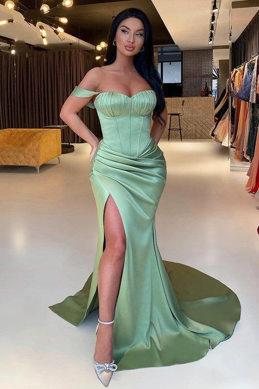 Modern Sage Green Off-the-Shoulder Prom Dresses Mermaid Slit With Pleats