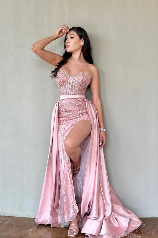 Popular Pink Sweetheart Sleeveless Mermaid Prom Dresses With Split Beadings Detachable Skirt