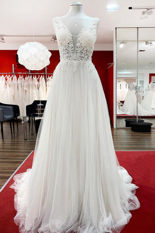Elegant Backless Long A-line Wedding Dress with V-neck, Tulle Ruffles, and Lace