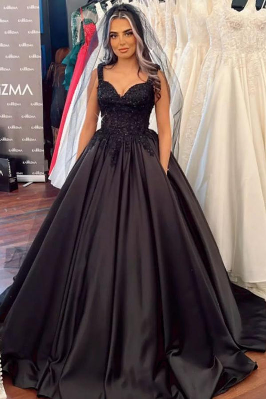 Elegant Black Ball Gown with Wide Straps, Sweetheart Neckline, and Satin Ruffles