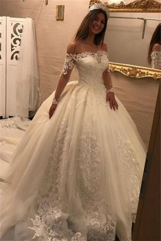 Off-the-Shoulder Long Sleeves Wedding Ball Gown Featuring Lace Appliques