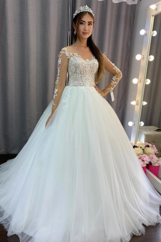 Elegant A-line Wedding Gown with Long Lace Sleeves and Tulle
