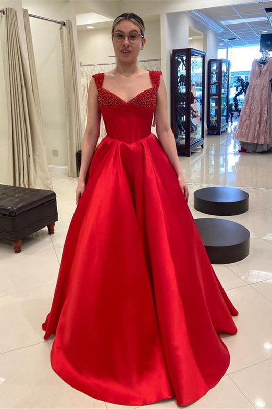 Beautiful Red Cap Sleeves Sweetheart Prom Dresses Long With Beads