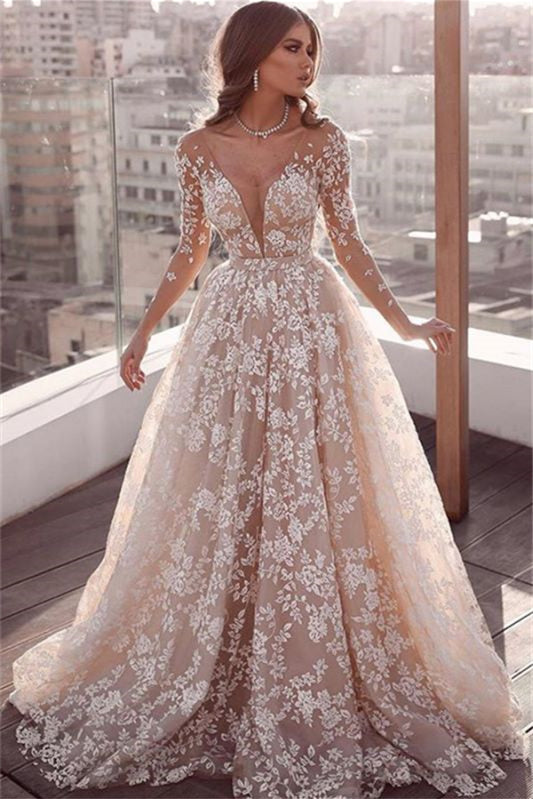 Lace-Appliqued Tulle Wedding Dress with Long Sleeves in A-Line Silhouette